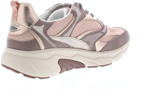 Zijaanzicht van een roze Gabor Rollingsoft sneaker met mesh, metallic en bruine leren details.
