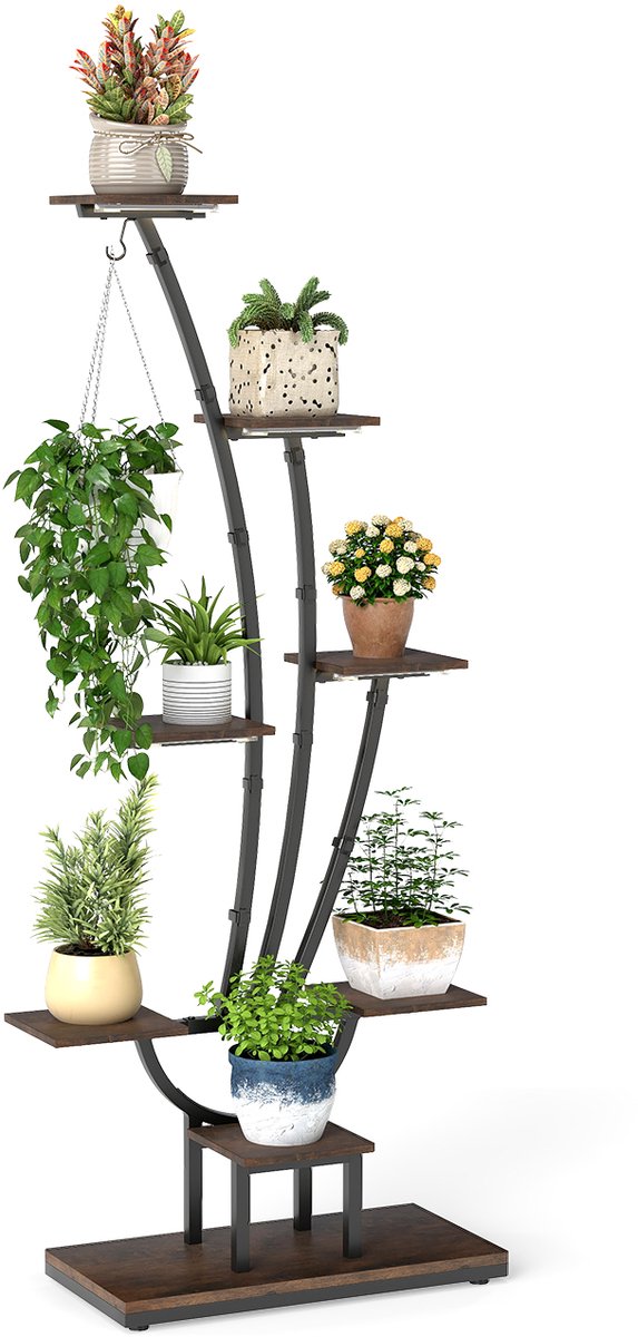 COSTWAY Plantenstandaard met groeilampen, 8 verdiepingen tellend plantenrek, bloemenstandaard voor binnen, bloementrap van metaal hout, bloemenrek voor binnen, tuin, balkon, 67 x 30 x 156 cm