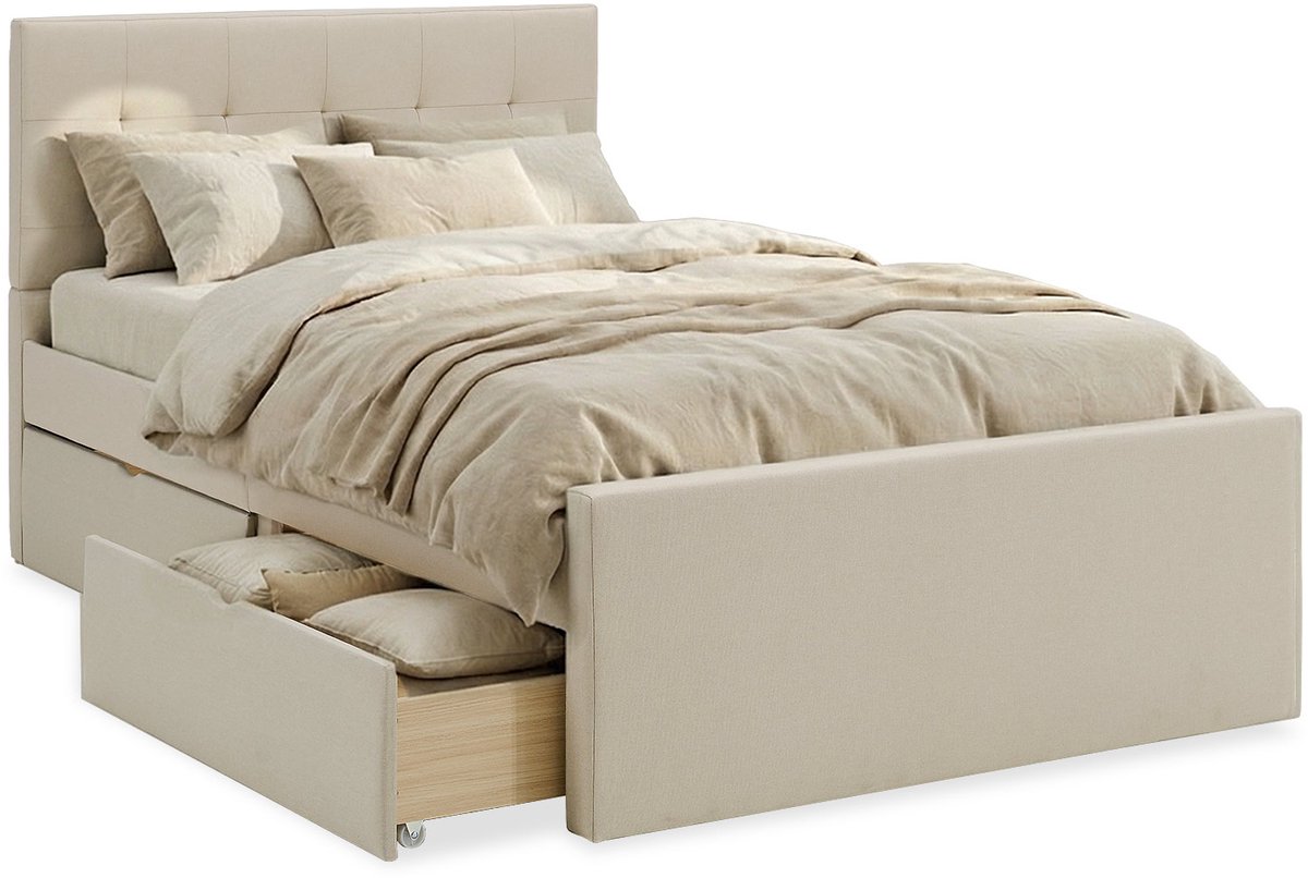 Homestyle4u Twijfelaarbedden -120x200 cm - Gestoffeerd bed - met opbergruimte - Beige