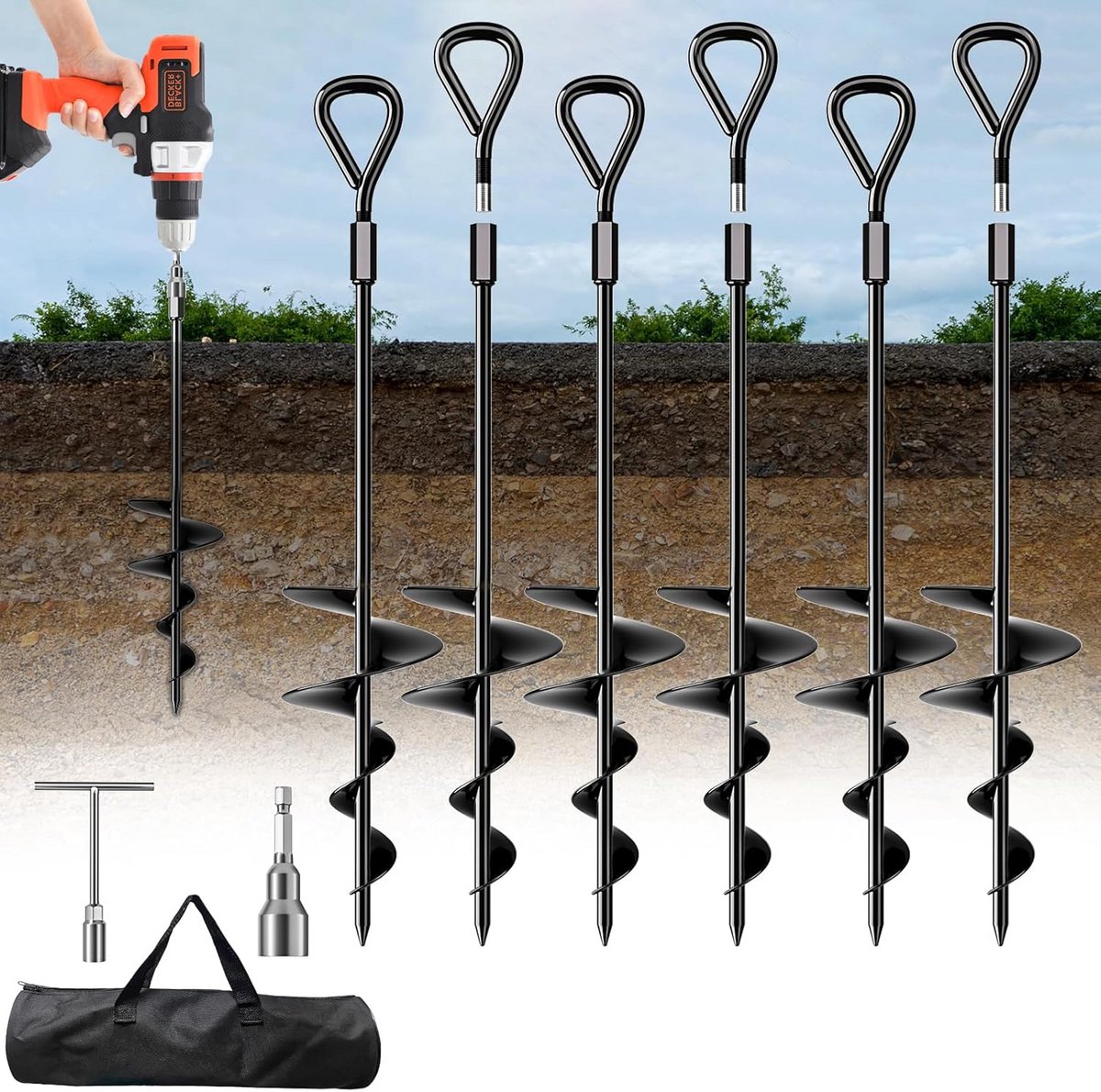 6x Stevige Grondhaken 45 cm - Zware Kwaliteit Schroefset voor Tent, Schommel en Trampolinefixatie