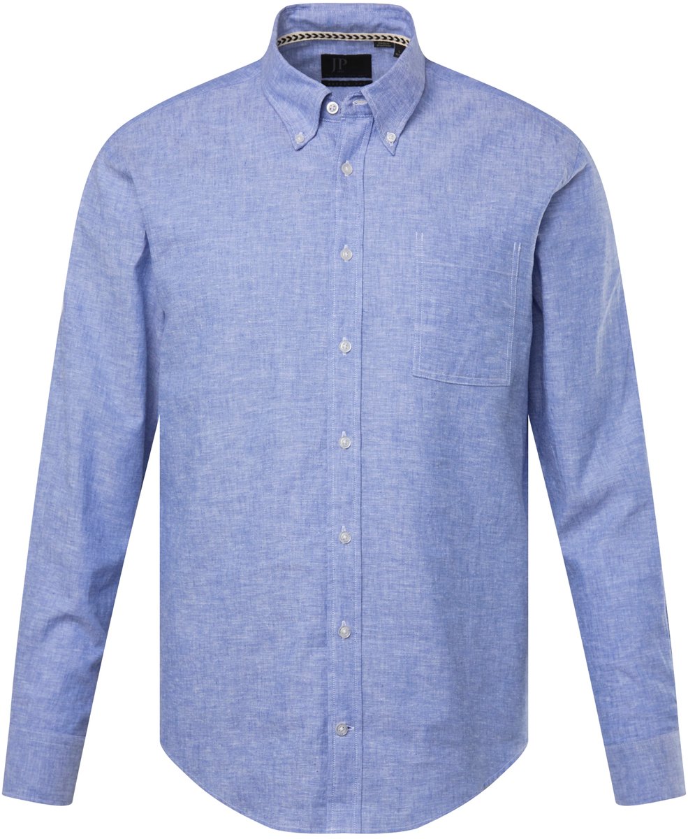 JP 1880 - Heren - Overhemd van een linnenmix lange mouwen button-down kraag - Grijsblauw - Maat 8XL