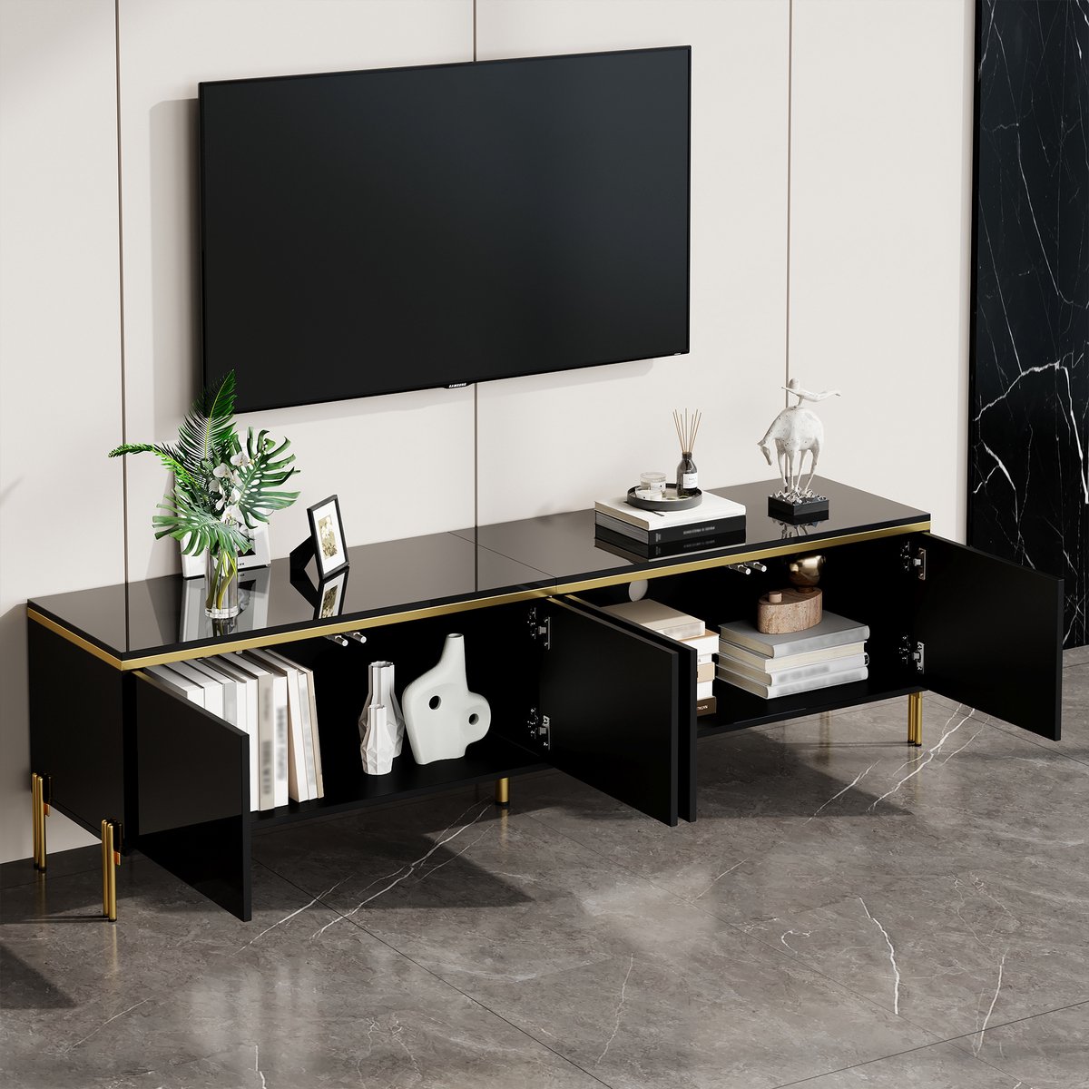 Merax Moderne tv-meubel met hoogglans - vier deurtjes - kabelingang - gouden randdecoratie - tv-kast voor woonkameropslag - zwart