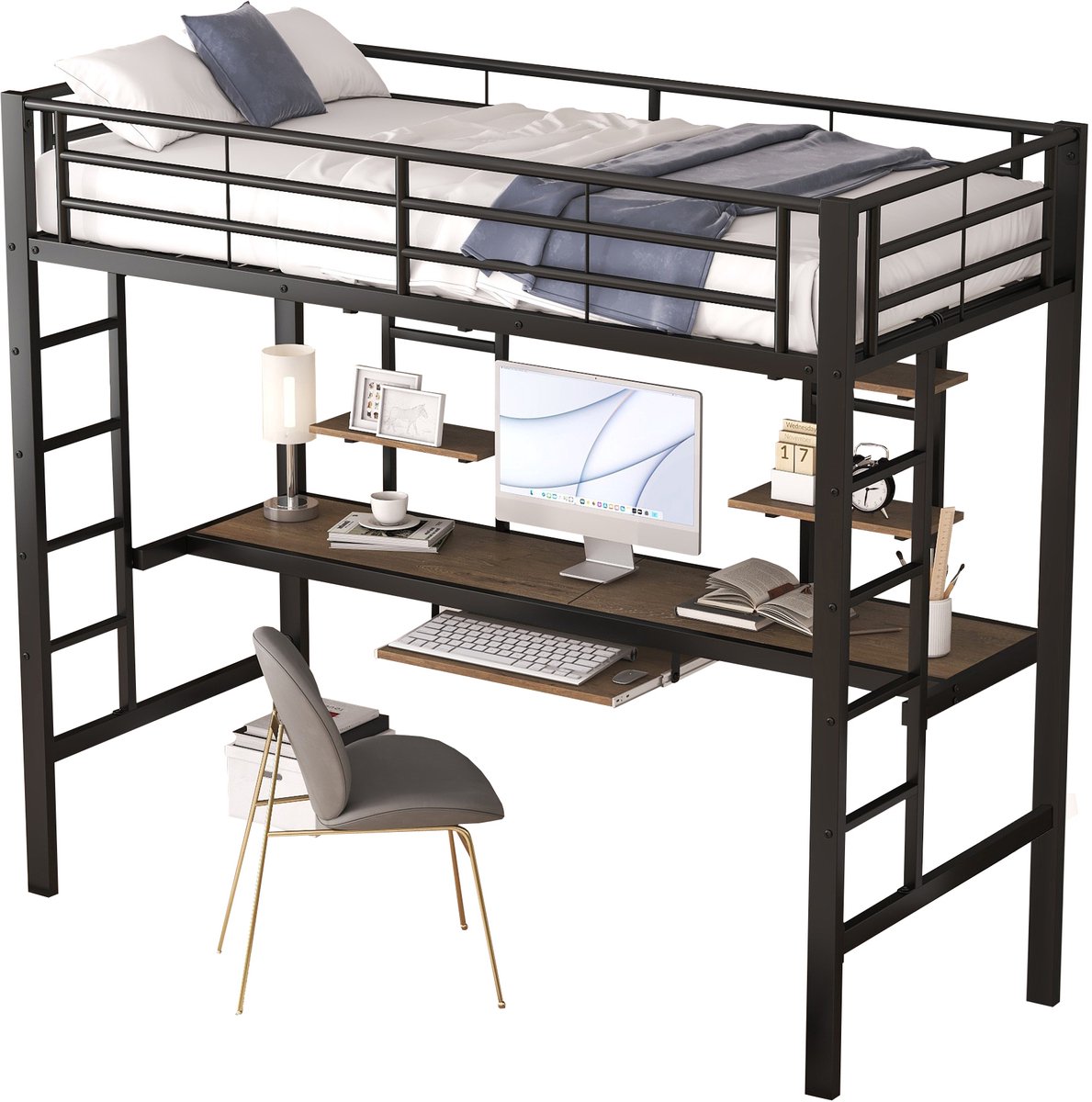 REDOM hoogslaper 90x200 cm – Zwart (metaal + MDF) – Bureau met uitschuifblad – 2 boekenkas