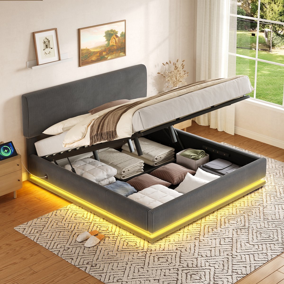 REDOM gestoffeerd bed 160x200 cm – Corduroy donkergrijs – Verstelbaar hoofdbord (3 hoogtes