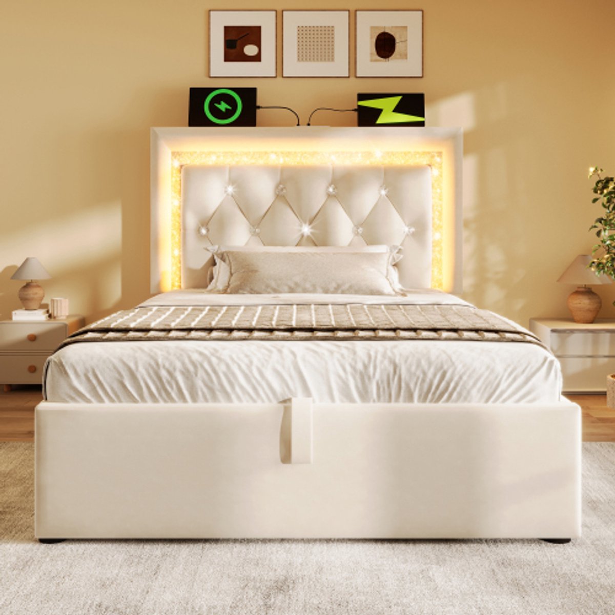 Merax Eenpersoonsbed 90x200 cm - met LED-verlichting - USB- en Type-C-oplaadpoorten - met opbergruimte - beige - zonder matras