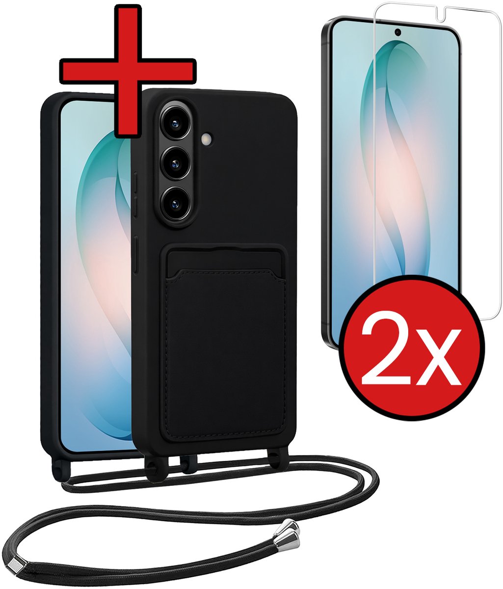 Hoesje Geschikt voor Samsung S26 Hoesje Siliconen Case Met Koord Met 2x Screenprotector - Hoes Geschikt voor Samsung Galaxy S26 Hoesje Backcover Met Telefoonkoord - Zwart