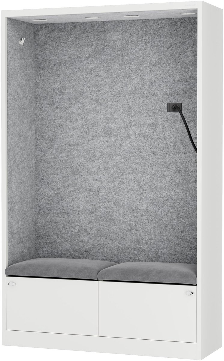 SALLY MentalBox - Geluidsabsorberende cabine voor 2 personen - met zitje - Kledinghanger + Ruime lade - Ingebouwde telefoonhouder + USB-C-poort - Grey Fog / Wit