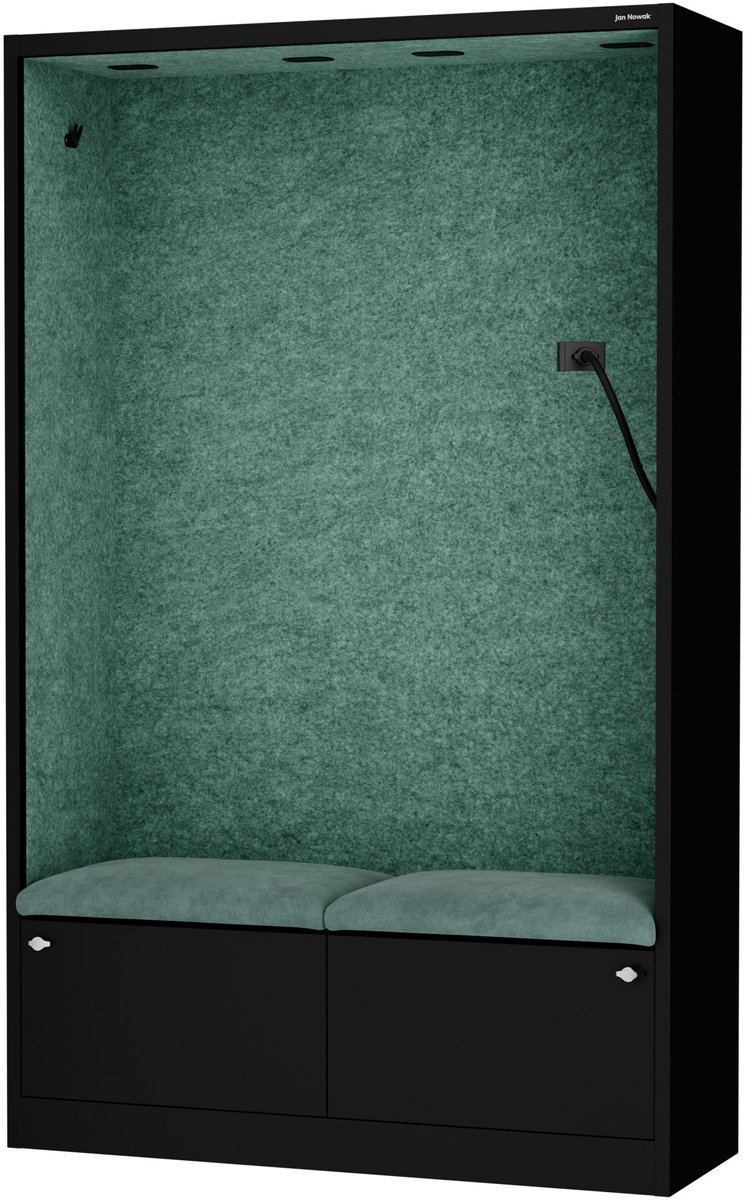 SALLY MentalBox - Geluidsabsorberende cabine voor 2 personen - met zitje - Kledinghanger + Ruime lade - Ingebouwde telefoonhouder + USB-C-poort - Groen / Zwart