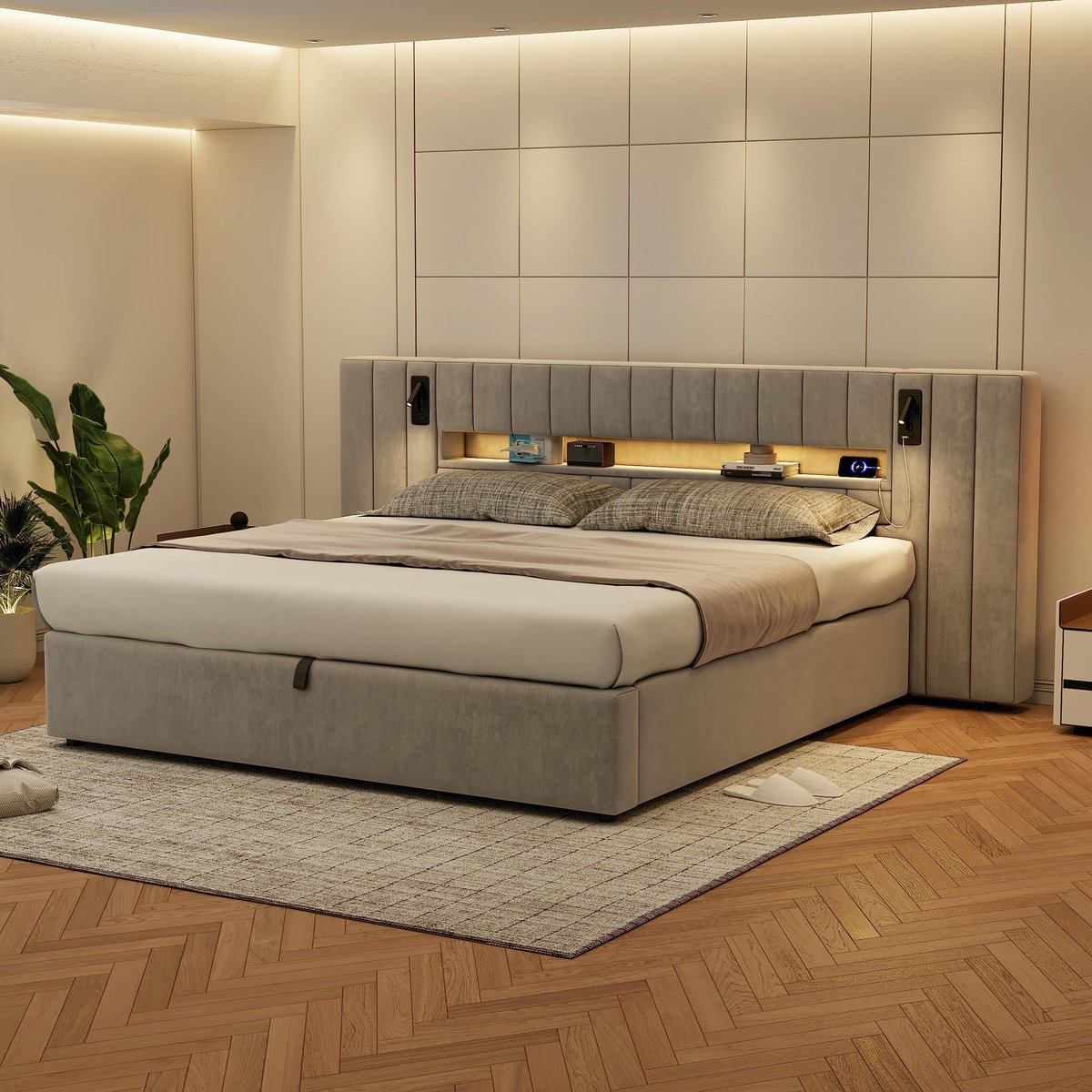 MODFU Bedframe 180x200 cm, fluweel grijs, met opbergruimte, USB-poorten en LED-verlichting