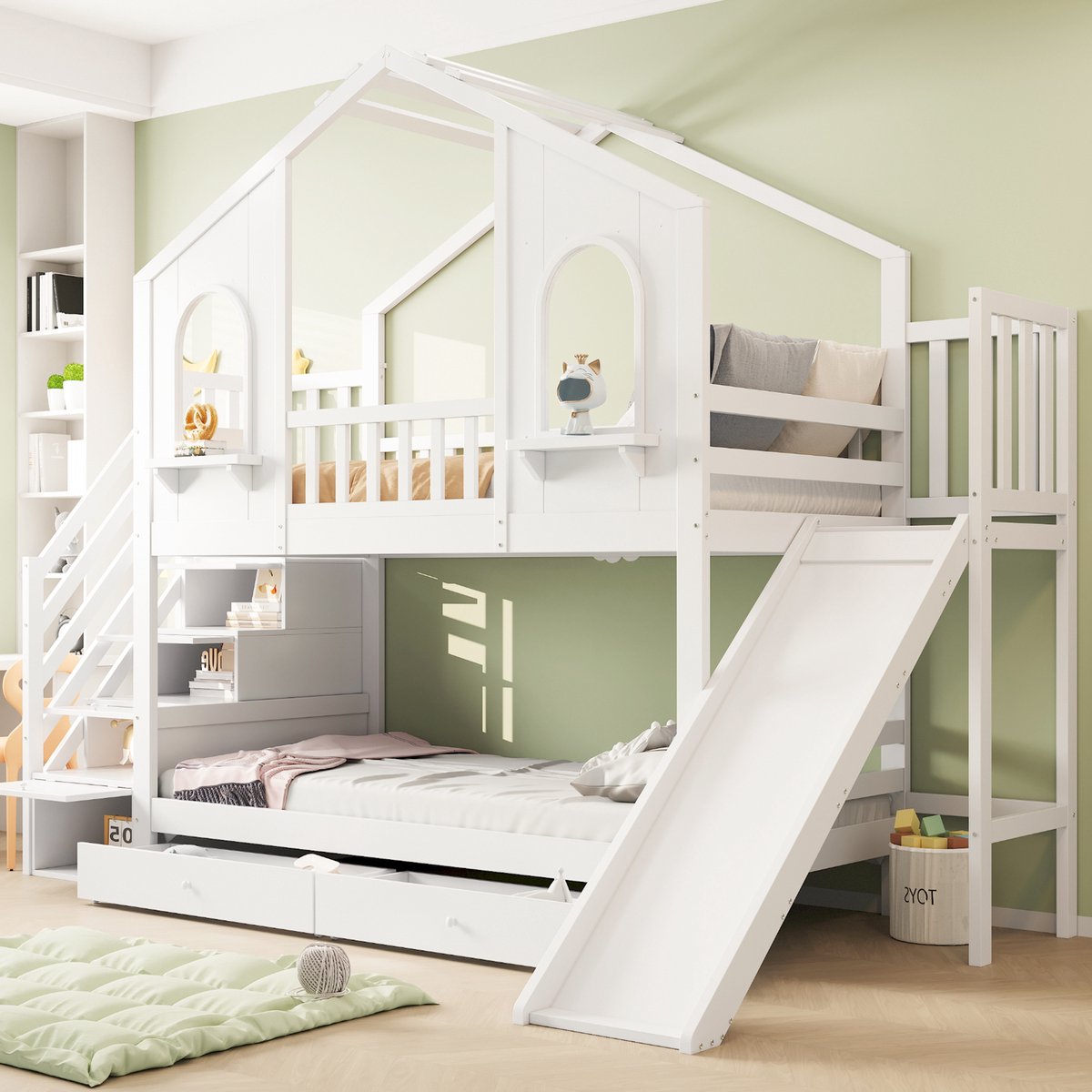 MODFU Kinderbed 90x200 cm – Huisvormig met glijbaan en opbergladder – Wit – Van hout – Voor kinderkamer