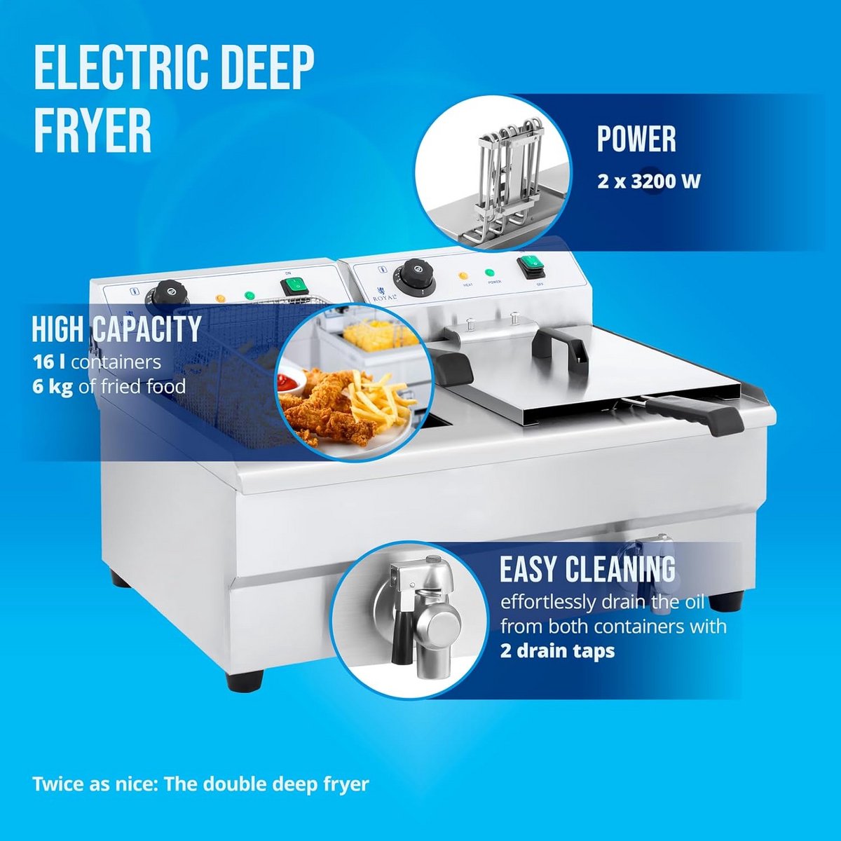 Professionele Dubbele Elektrische Friteuse - 2x 16 Liter - 60-200°C - RVS - Aftapkraan - 2x 3200W