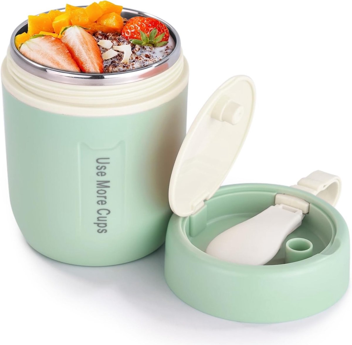 Geïsoleerde Voedselcontainer - 450ml RVS Thermo Voedseldrager - Inclusief Lepel - Warmhoudbeker voor Soep & Lunch - Lekvrij & Dubbelwandig - Groen