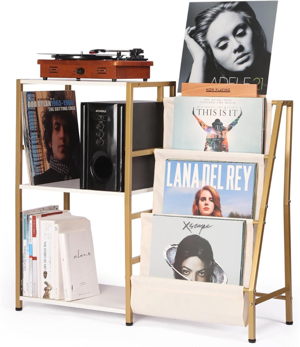 Platenspeler Meubel – Stand Platenspelerstandaard Met Vinyl Opbergsysteem - Goud