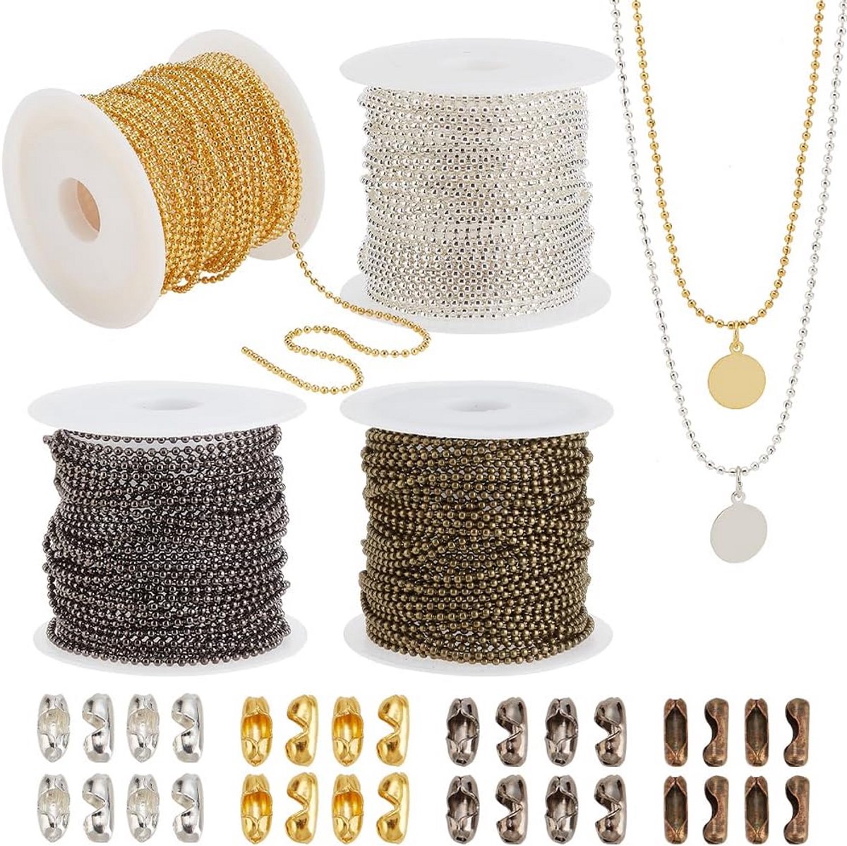 24m Ballenketting 4 Kleuren Metaal - Verstelbare Trekkettingen met Sluitingen voor Sieraden Maken en Sleutelhangers