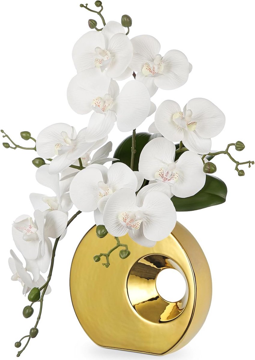 Kunststof Orchidee in Keramische Donut Pot - Realistisch Tafelstuk voor Thuis Kantoor Deco