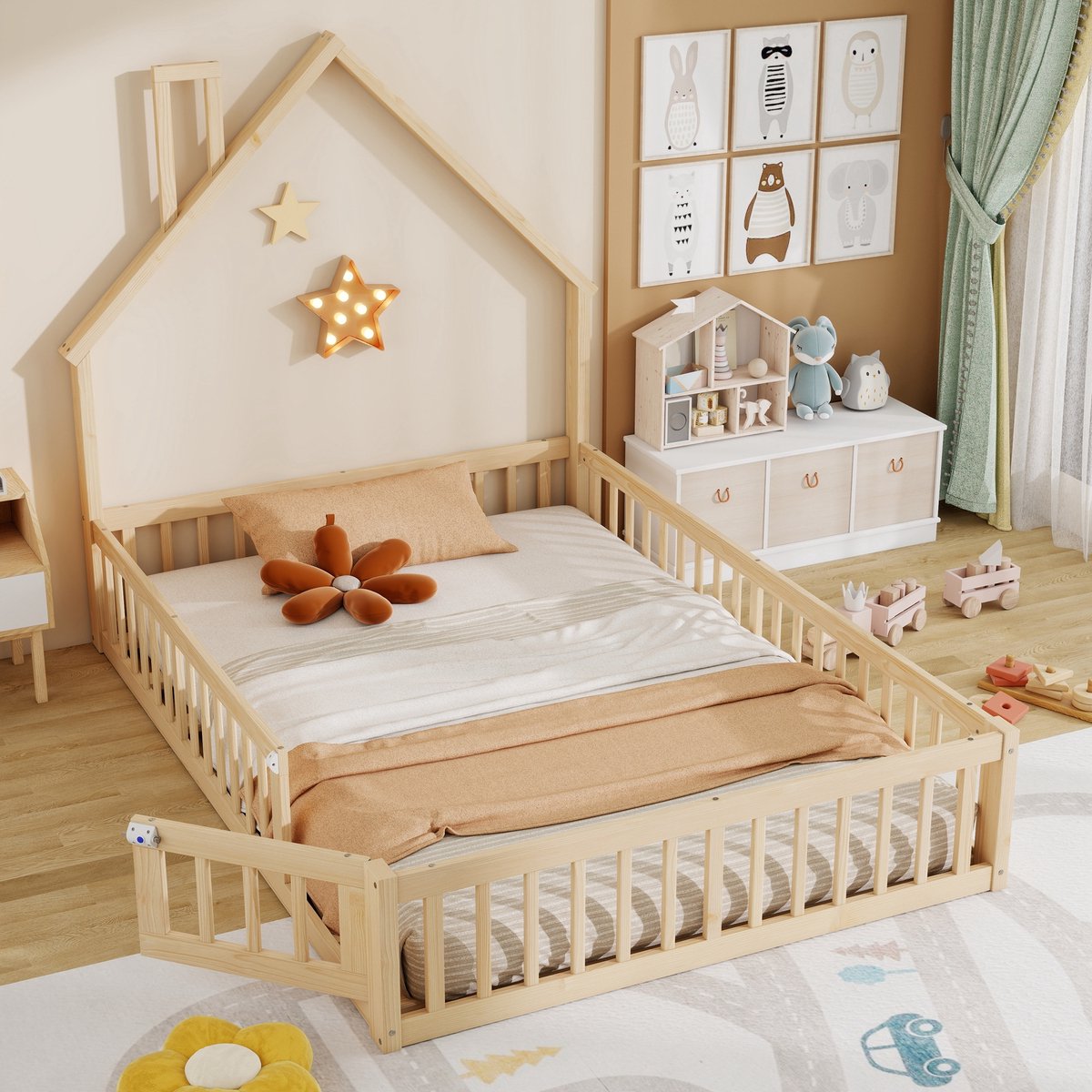 Kinderbed 140x200 cm - Huisvorm Met Schoorsteen - Met Lattenbodem - Grenenhout - Naturel
