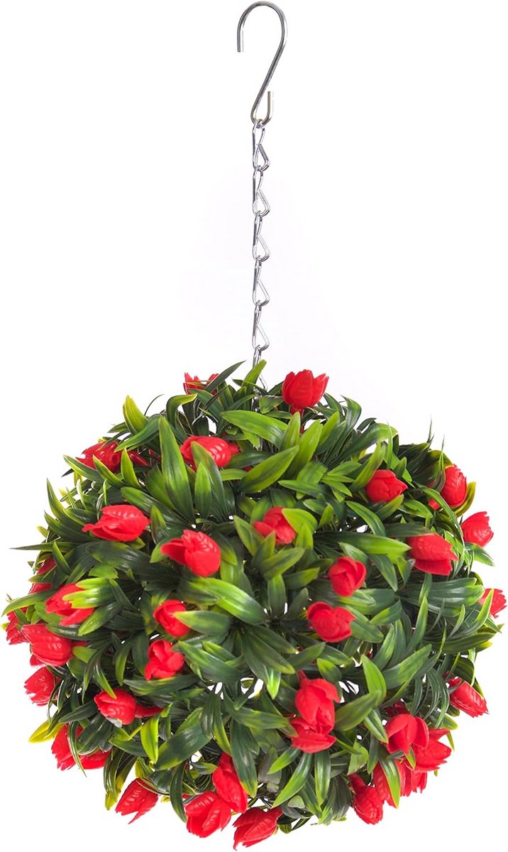 Luxe Kunst Tulp Bloemenbal Rood - Onderhoudsvrije Topiary met Lang Blad (24cm)