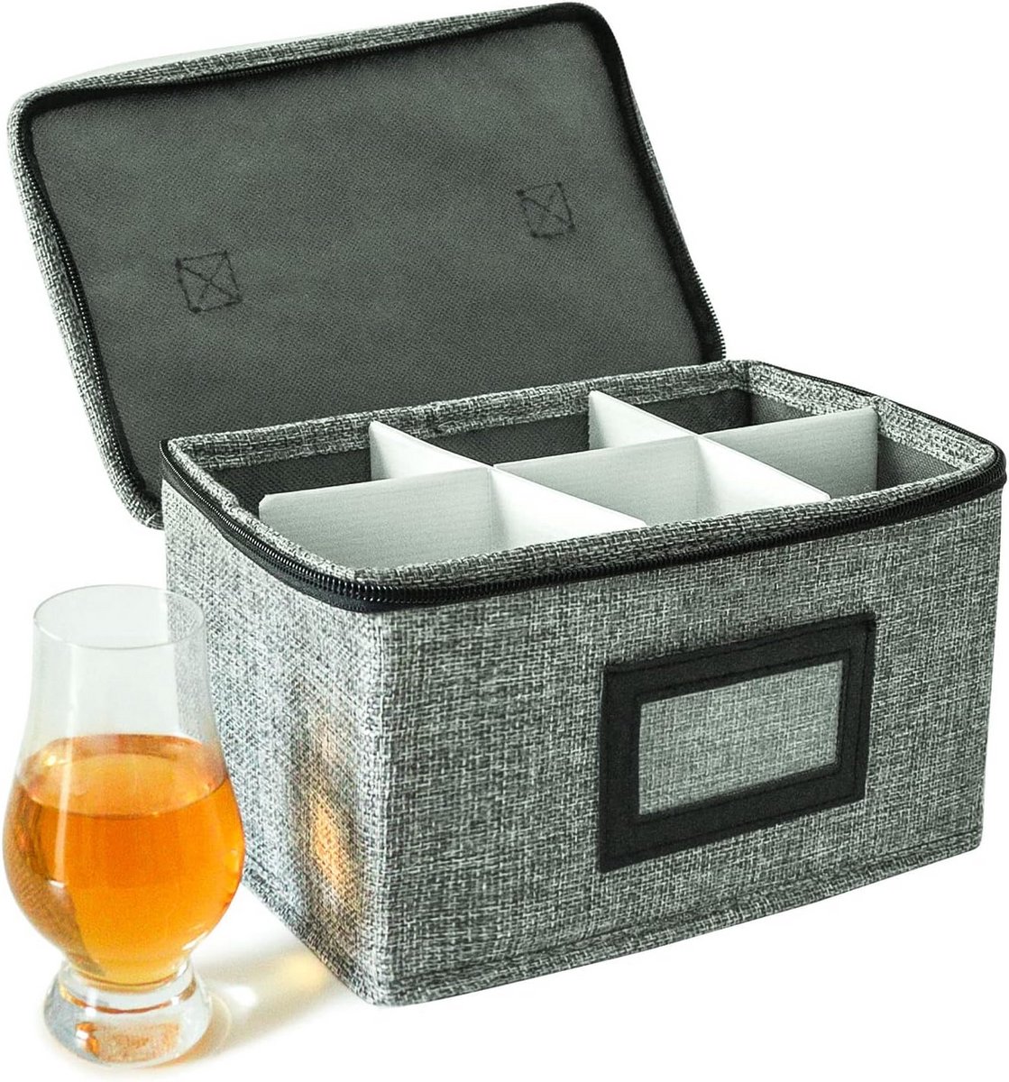 Opbergdoos voor Glencairn whiskyglazen, gewatteerd, 6 glazen, stevig ontwerp, grijs