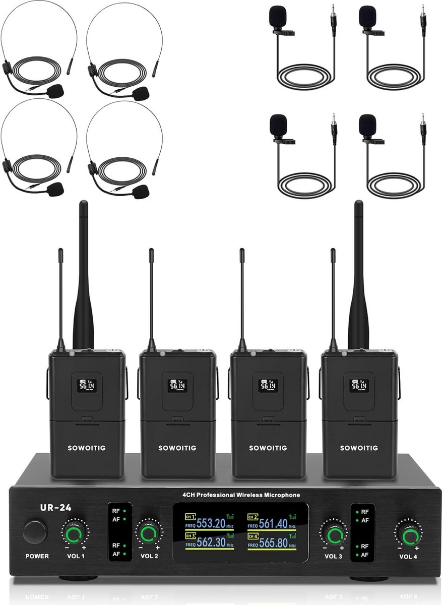 Draadloos 4-kanaals UHF Microfoonsysteem met Lavalier en Headset Microfoon - 90m Bereik