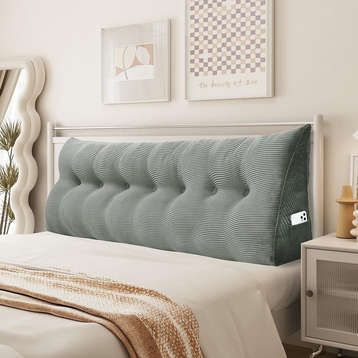 Groot Driehoekig Wigkussen voor Bed en Bank - Rug- en Leeskussen (Grijs, 200 cm)