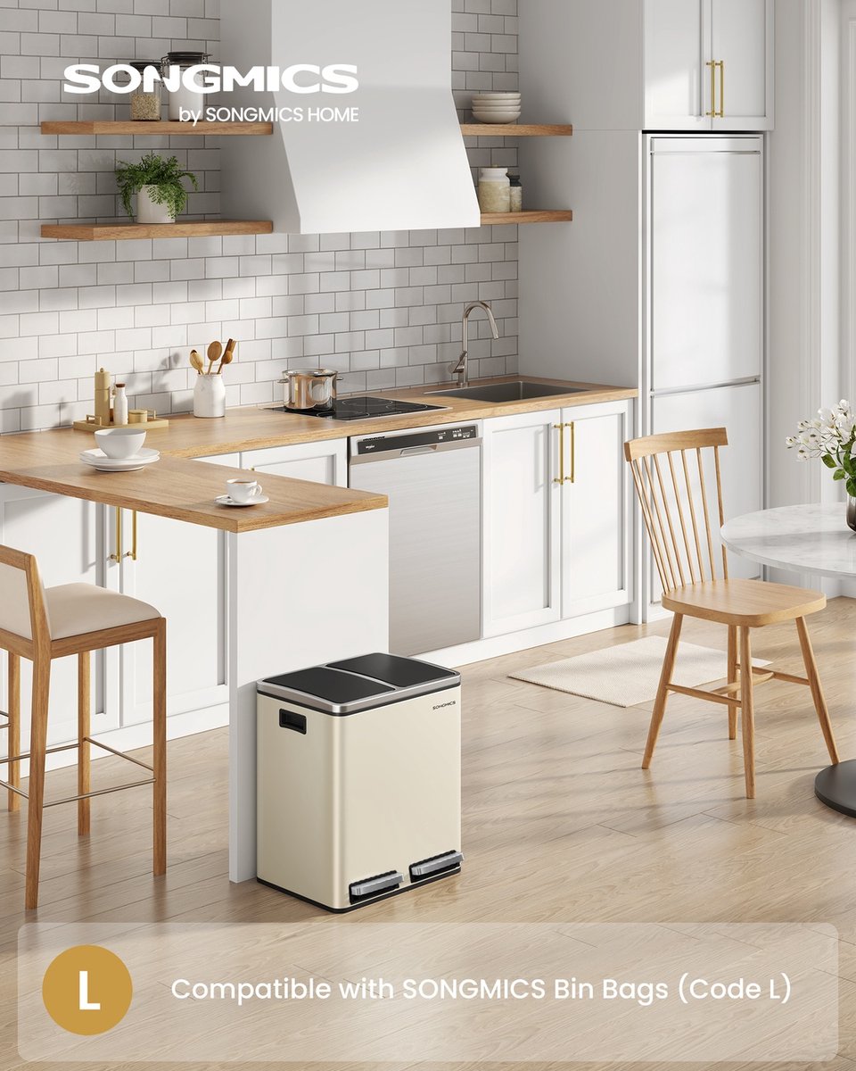 Dubbele afvalbak – Roestvrij staal – Zandbeige en zwart – Soft-close met binnenbakken met compartimenten