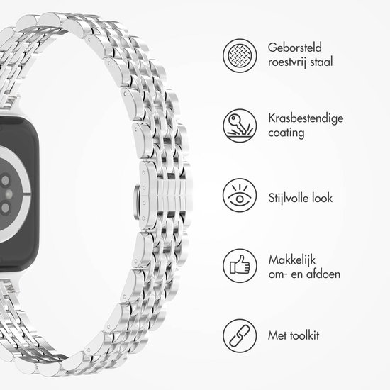 Een zilverkleurig stalen schakelbandje voor Apple Watch met iconen en tekst die de eigenschappen 'Geborsteld roestvrij staal', 'Krasbestendige coating', 'Stijlvolle look', 'Makkelijk om- en afdoen' en 'Met toolkit' weergeven.