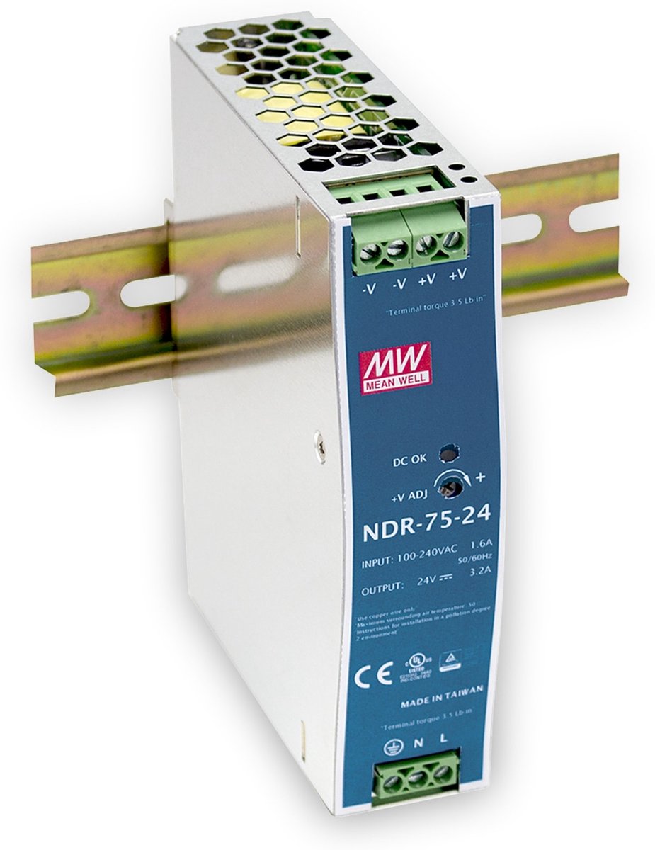 Mean Well NDR-75-24 DIN-rail netvoeding 24 V/DC 3.2 A 75 W Aantal uitgangen: 1 x Inhoud: 1 stuk(s)