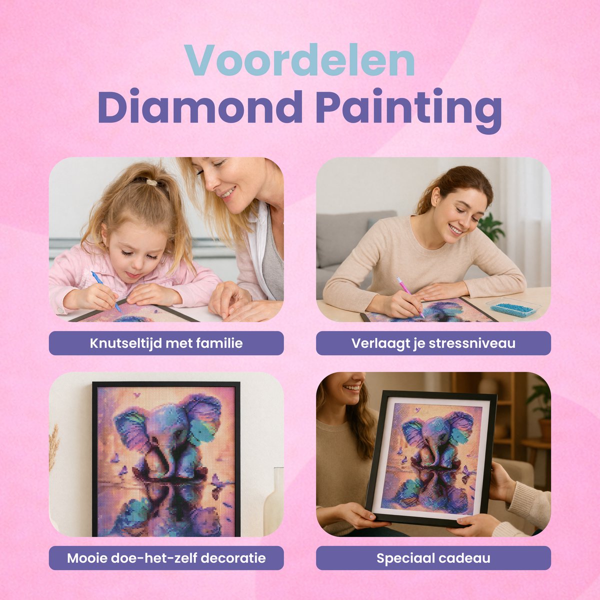 Rubye® Diamond Painting Volwassenen & Kinderen - Pakket Volledig - Olifant met Vlinders - 30x40cm — afbeelding 6