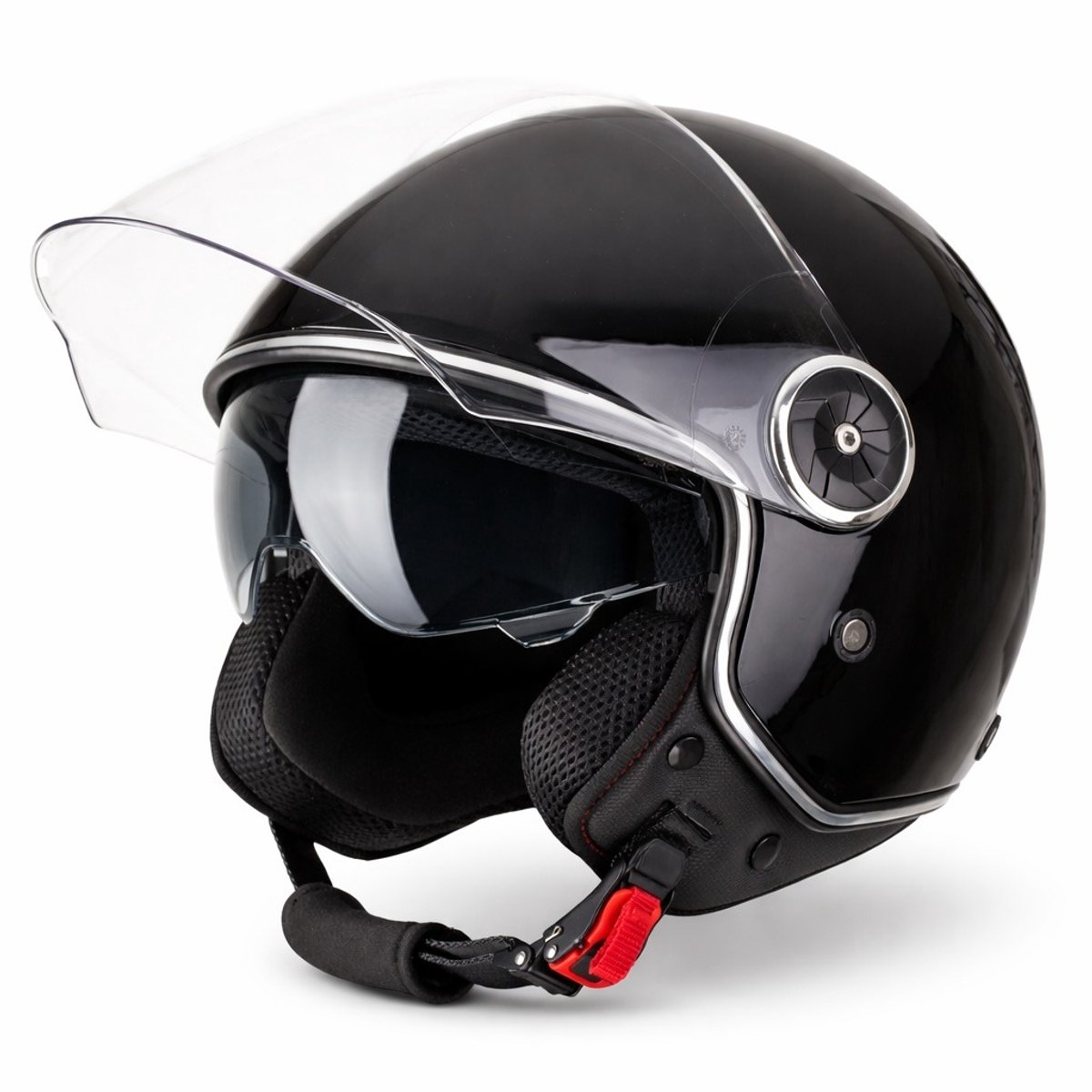 VINZ Tobia Scooterhelm / Motorhelm met Zonnevizier - Jethelm Brommer & Snorscooter - Licht - Glans Zwart - L