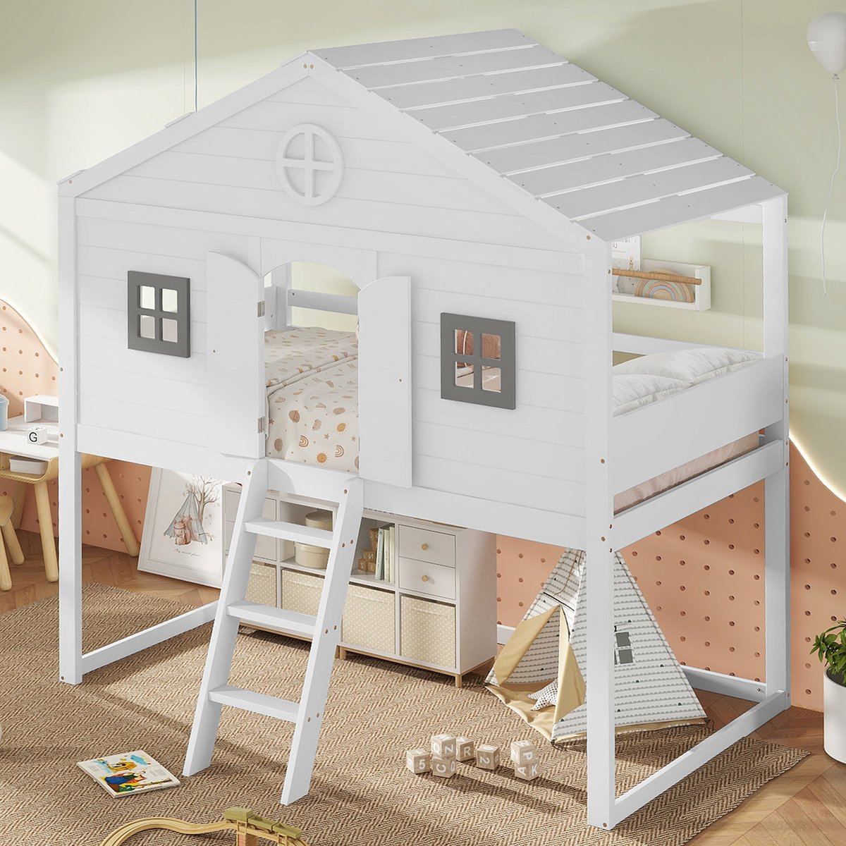 STILVORA Hochslaper 90x200 Cm – Bedhuis Met Trap & Valbeveiliging – Ruimte Onder Bed Vrij 