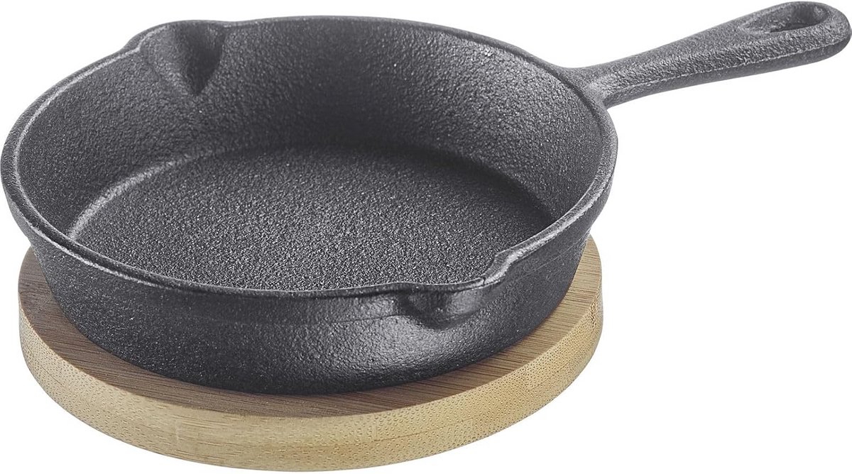 Kleine Gietijzeren Pan 125ml voor Tapas, Inductie en Oven - Inclusief Bamboe Onderzetter
