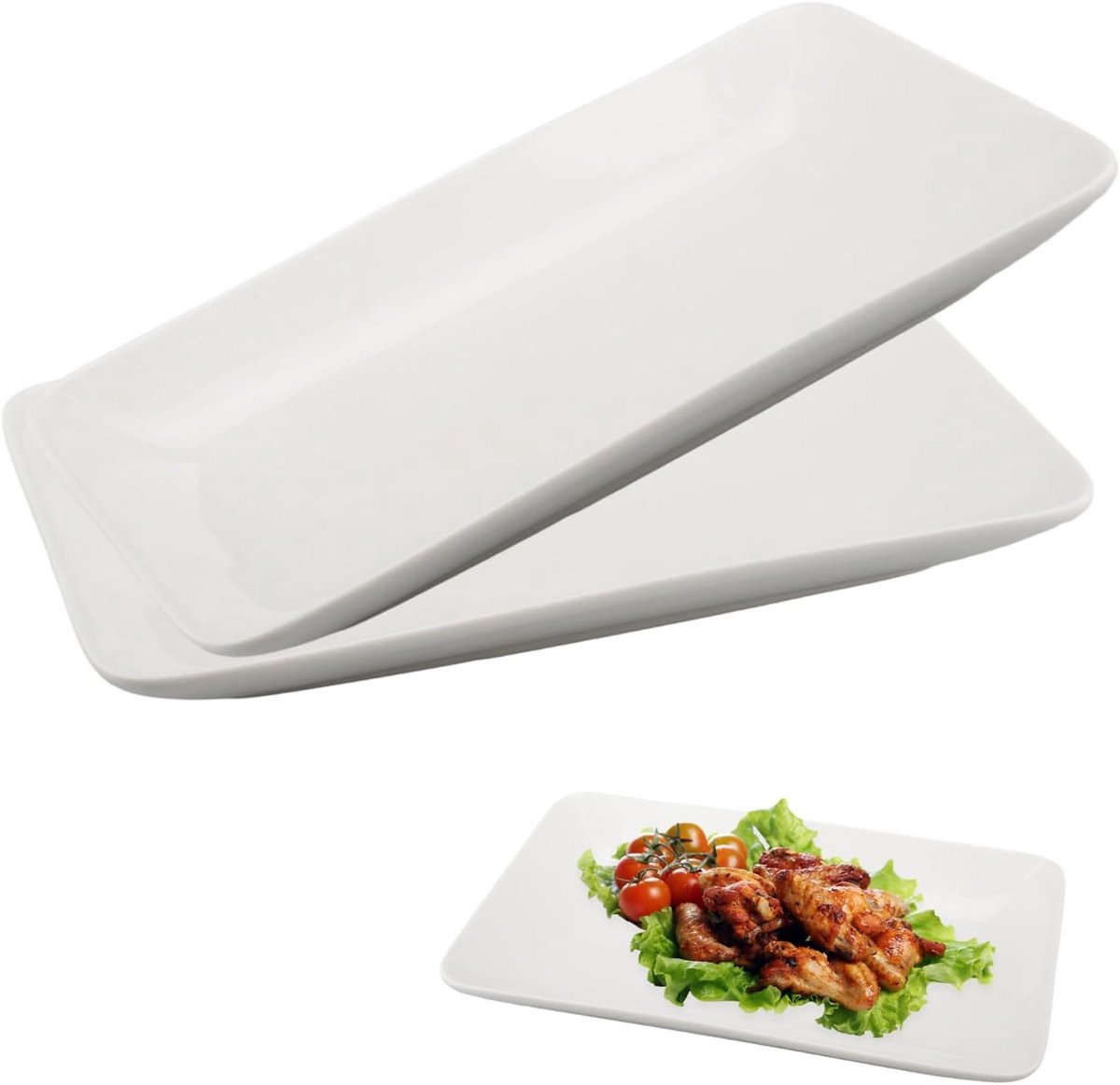 Set van 2 Rechthoekige Porseleinen Serveerschalen Wit Platte Bordenset 24x15 cm