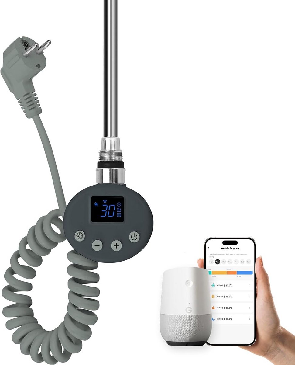 Verwarmingselement met Thermostaat voor Handdoekradiator, 900W, WiFi Bediening, Roestvrij Staal