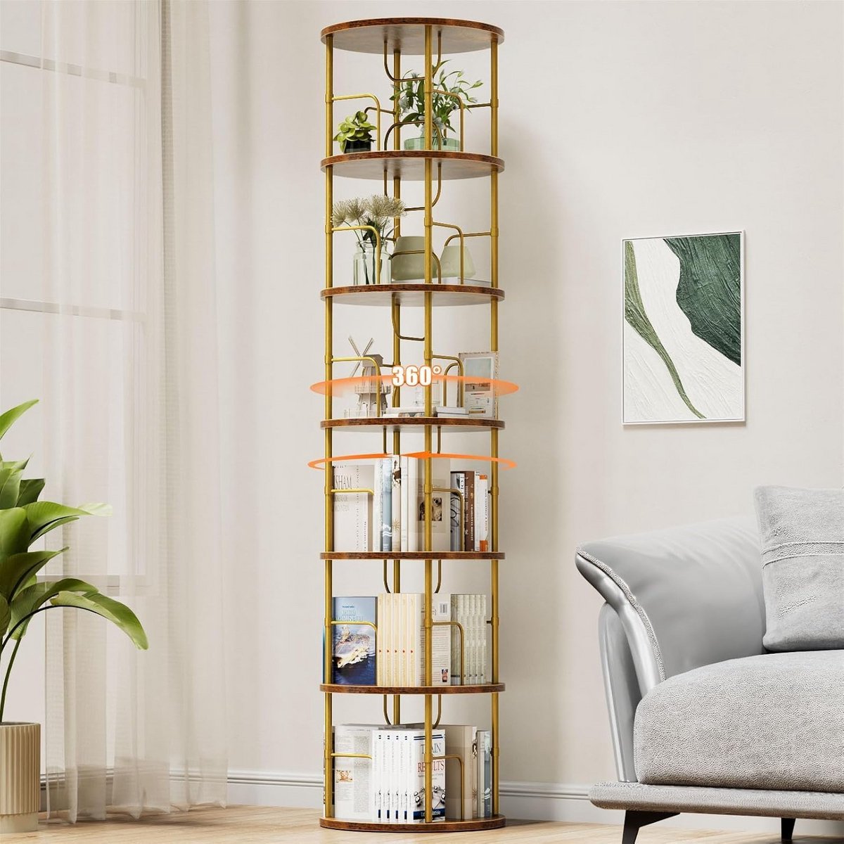 Draaibare Houten Boekenkast met 6 Niveaus voor Boeken en Decoratie