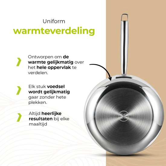 Zilverkleurige pan met roestvrijstalen handvat. Gemaakt voor uniforme warmteverdeling.