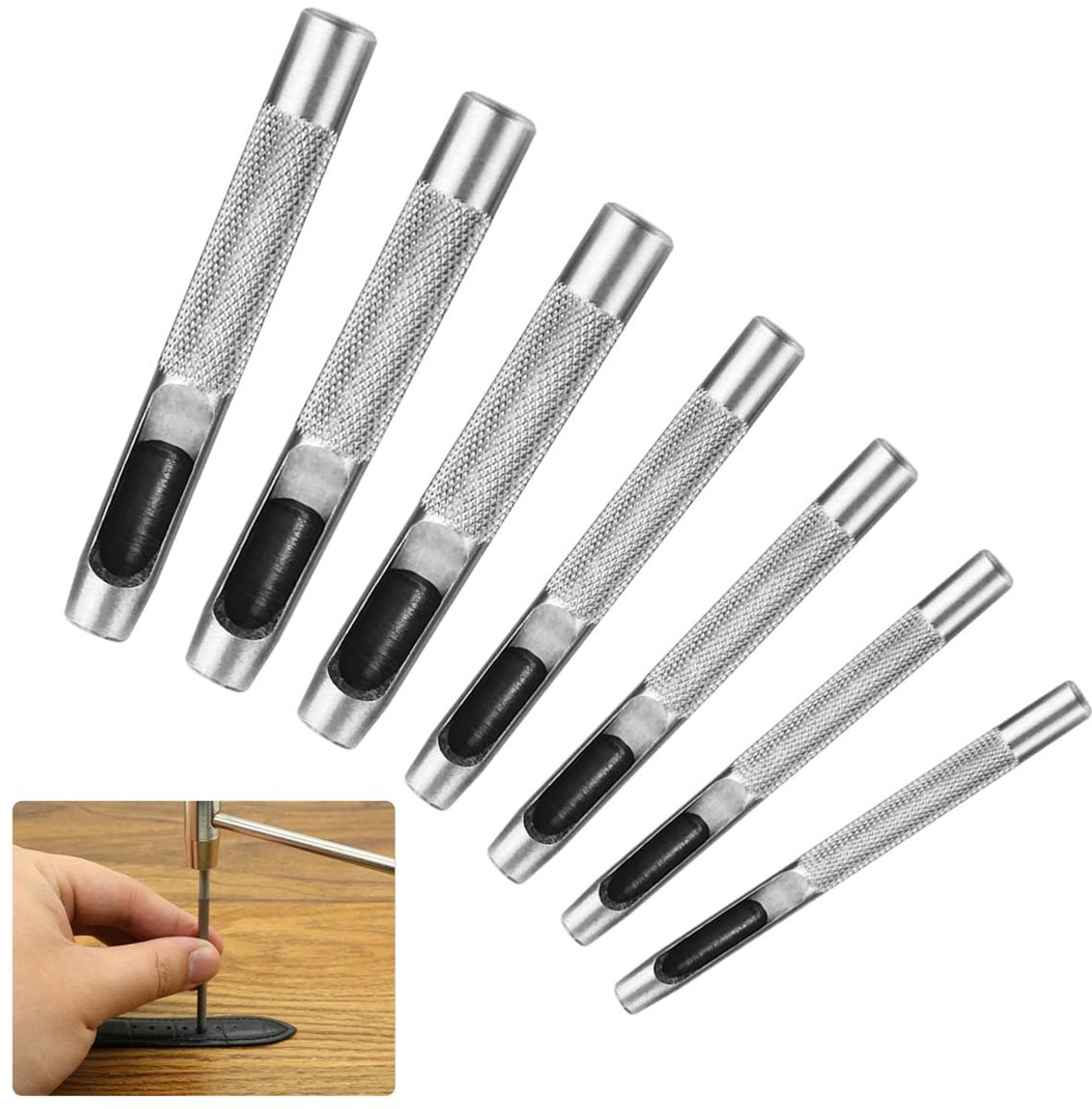 Ronde Gatpons Set RVS 7 Delig voor Leer en Banden 5mm tot 11mm