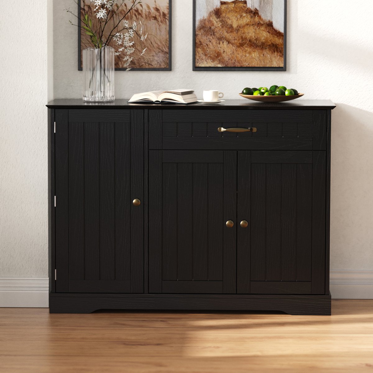 MODFU - Dressoir Met 3 Deuren En 1 Lade - Verstelbare Legplanken - Metalen Grepen - MDF - Zwart