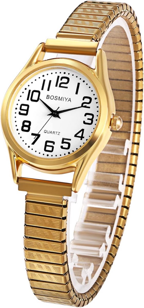 Dameshorloge met Elastische Band: Quartz Analoog Horloge met Grote Arabische Cijfers