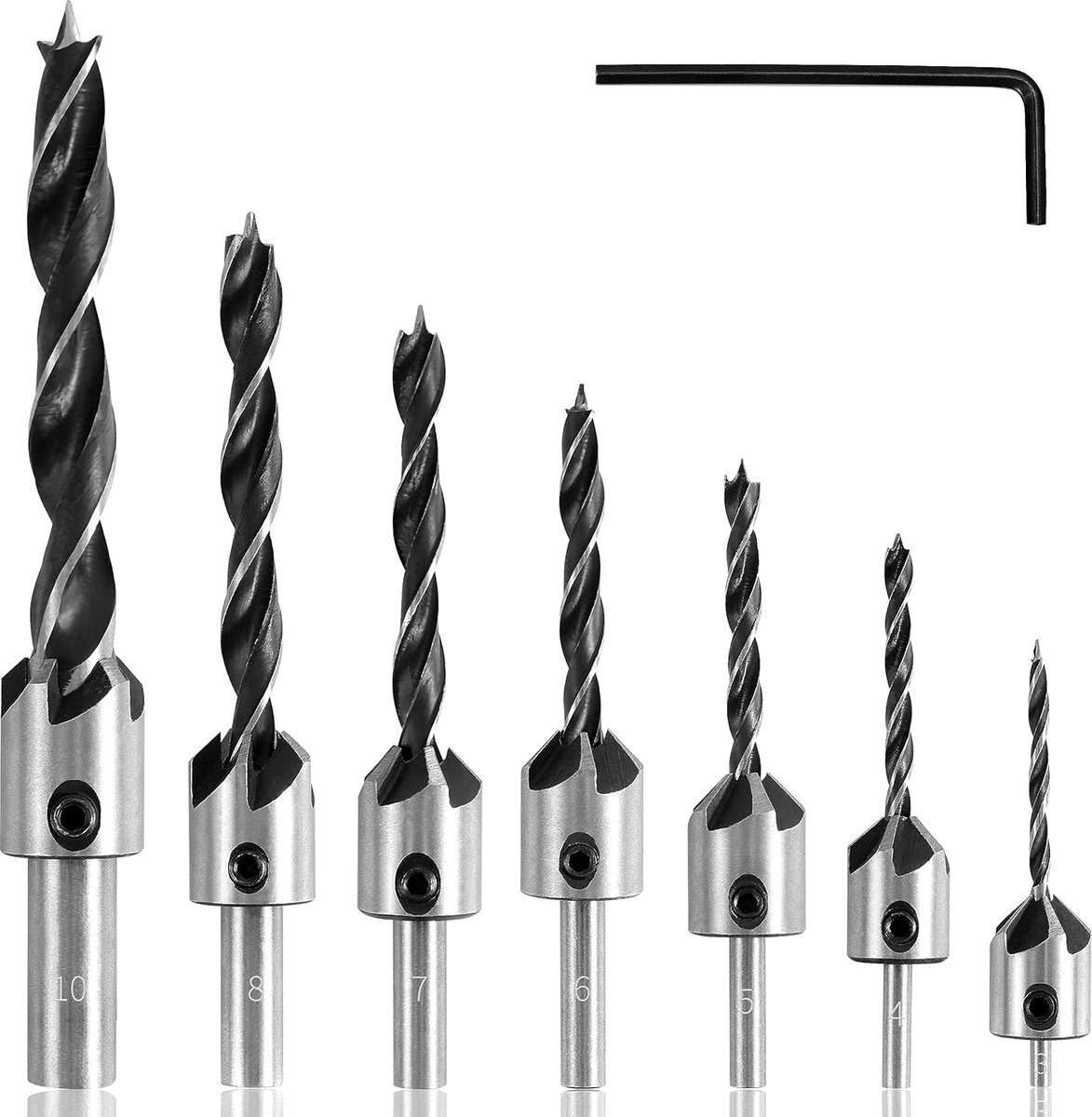 MTTproducts - Countersink Boor Set - 7-delige Set - Voor Houtbewerking - Carbon Staal - Met Moersleutel - Geschikt voor Plastic en Hout - 3 tot 10 mm