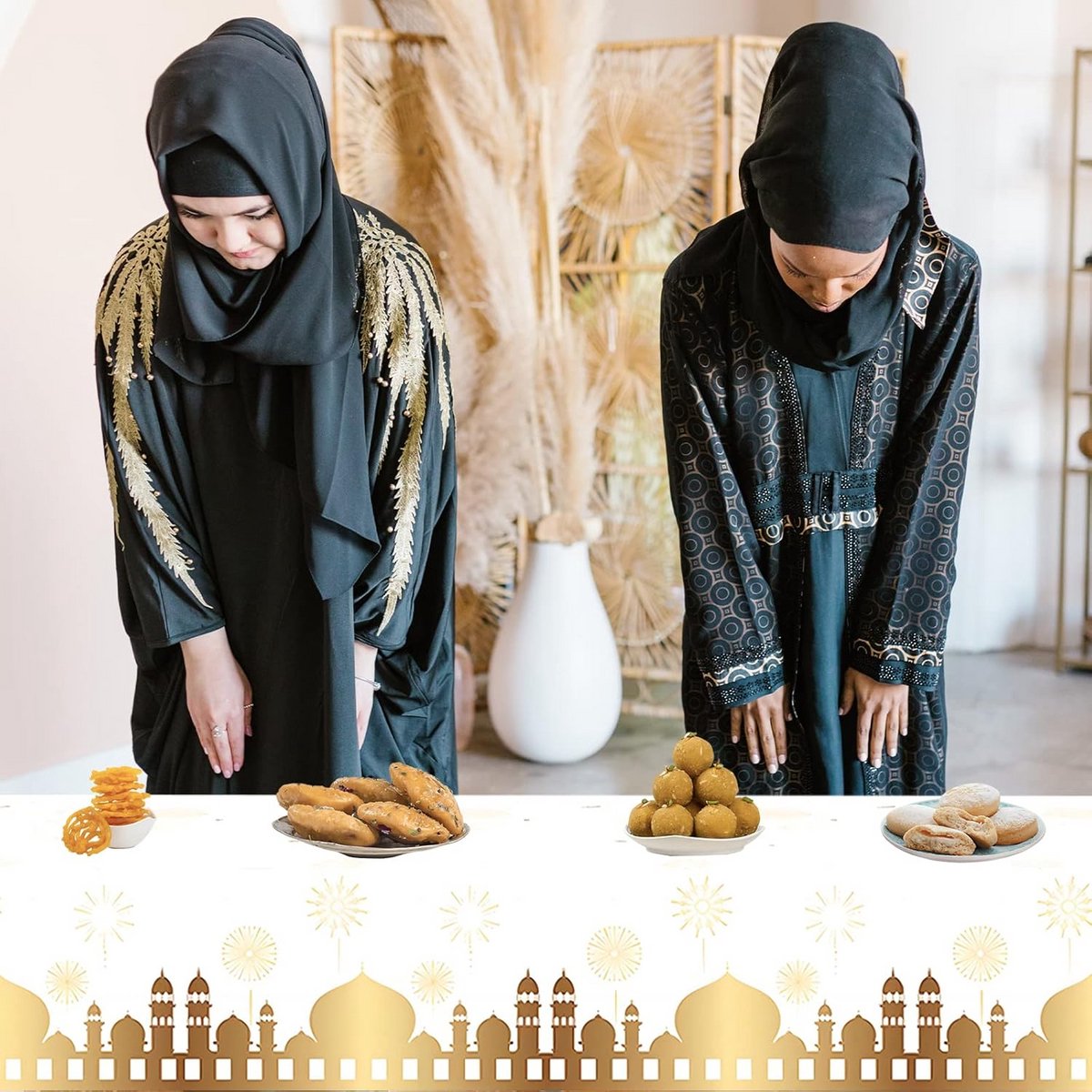 Rechthoekig Tafelkleed Wit met Maan en Ster Decoratie voor Islamitische Feesten
