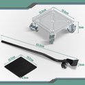 Afmetingen van de meubelroller: 13,5 x 13,5 cm, hoogte 5 cm. Hefstang lengte 63,5 cm.