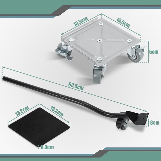 Afmetingen van de meubelroller: 13,5 x 13,5 cm, hoogte 5 cm. Hefstang lengte 63,5 cm.