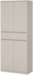 Dichte taupe schoenenkast met 2 deuren boven en 2 deuren onder, gescheiden door een lade.
