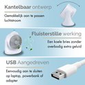 Afbeeldingen van een kantelbare ventilator, ventilator die lucht blaast, en een USB-stekker. Teksten: 'Kantelbaar ontwerp', 'Fluisterstille werking', 'USB Aangedreven'.
