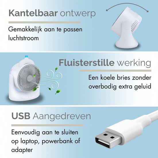 Afbeeldingen van een kantelbare ventilator, ventilator die lucht blaast, en een USB-stekker. Teksten: 'Kantelbaar ontwerp', 'Fluisterstille werking', 'USB Aangedreven'.