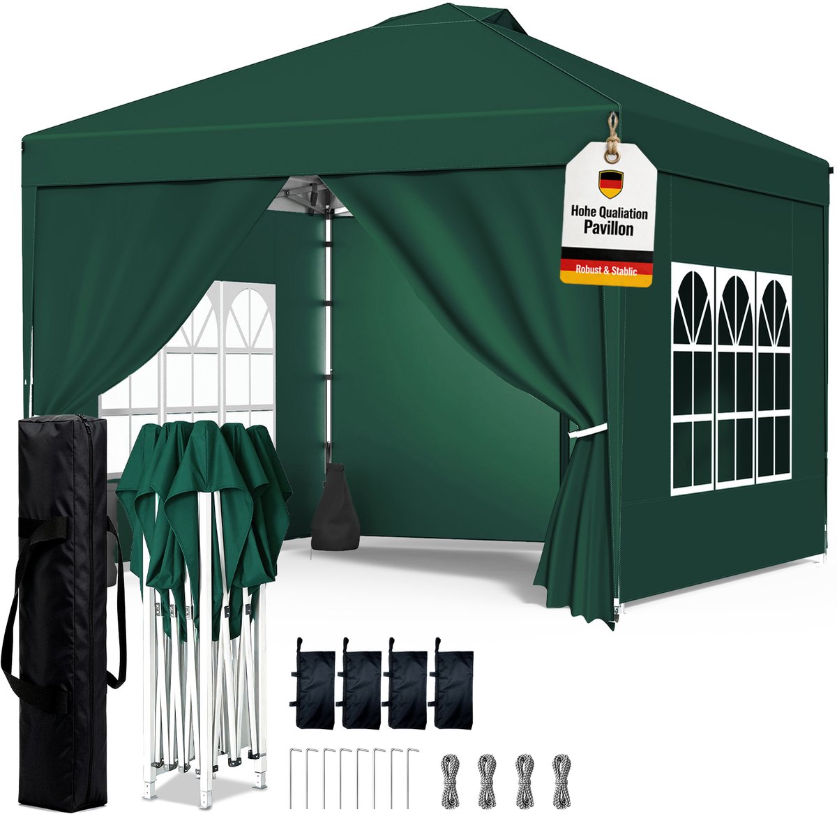 Soontrans - 3x3m Partytent - Tuinpaviljoen Met zandzakken - Opvouwbaar Gazebo Paviljoen - 420D Oxford Waterdicht - UV-bescherming 50+ - Prieel In hoogte verstelbaar - Met 4 zijwanden - Draagtas - Donkergroen