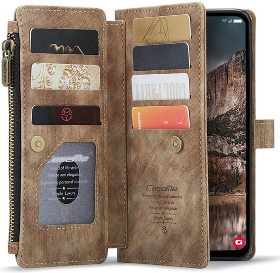 Coque CaseMe C30 adaptée au Samsung Galaxy A25 | Étui portefeuille à Zipper avec porte-cartes | Étui de protection avec portefeuille | Marron