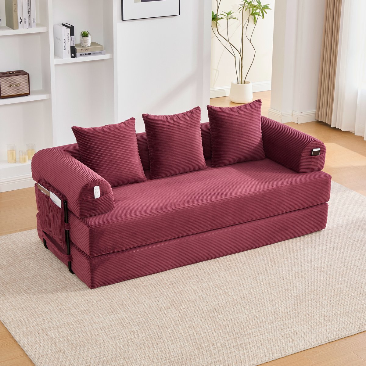 3-Zits Bank Opvouwbare Compressiebank met Stevig Metalen Frame, Zijvakken en 3 Kussens. Individuele Loungelandschappen Kunnen vrij Worden Vormgegeven. Moderne Metaal-Stofcombinatie - Ideaal voor in de Woonkamer,Roze