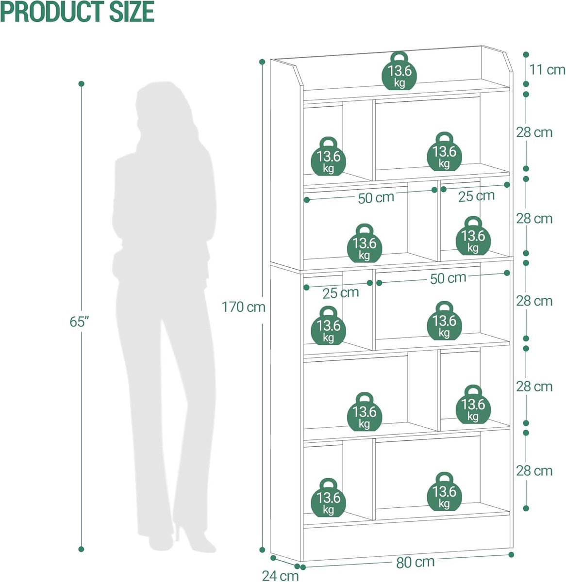 Boekenkast 6 Vakken Casa Velluto Modern – Vrijstaande Opbergplank voor Woonkamer, Slaapkamer en Kantoor – Grote Displaykast 24 x 80 x 170 cm – Stabiel, Multifunctioneel en Minimalistisch Wit