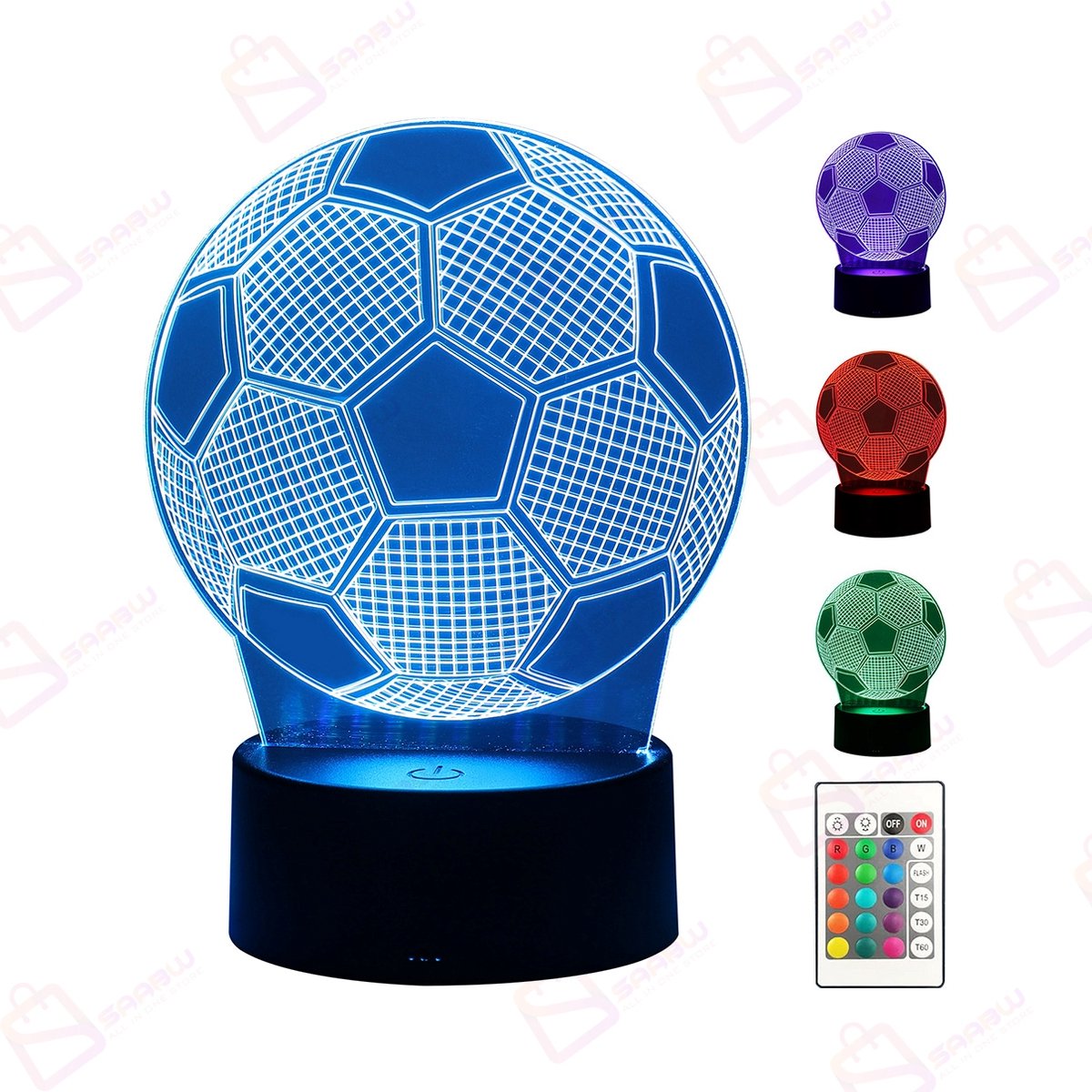 3D LED Voetbal Nachtlamp met Afstandsbediening – 16 Kleuren – 4 Lichtmodi (Flash, Strobe, Fade, Smooth) – Oplaadbaar & Netstroom – 3D voetbal lamp – LED nachtlamp – kinder nachtlamp – RGB sfeerverlichting – oplaadbare nachtlamp – CE –47959